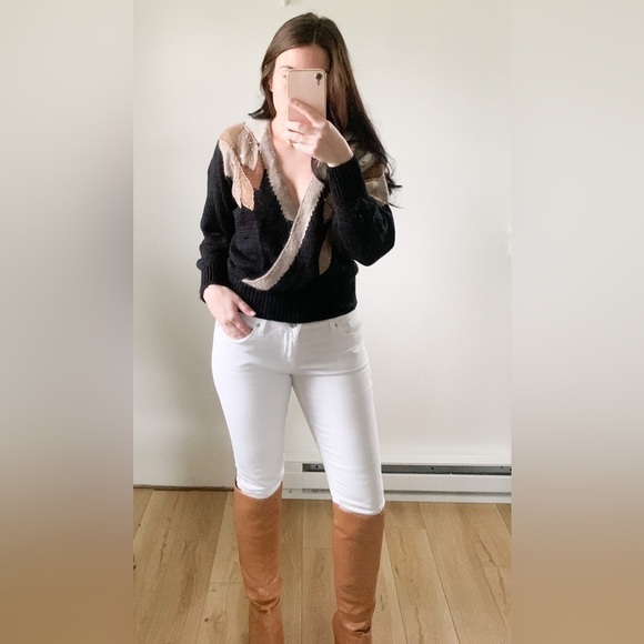 Vintage 80s 90s Black Tan Leaf Sequin Embroidered Crossover Sweater Medium - Picture 10 of 11